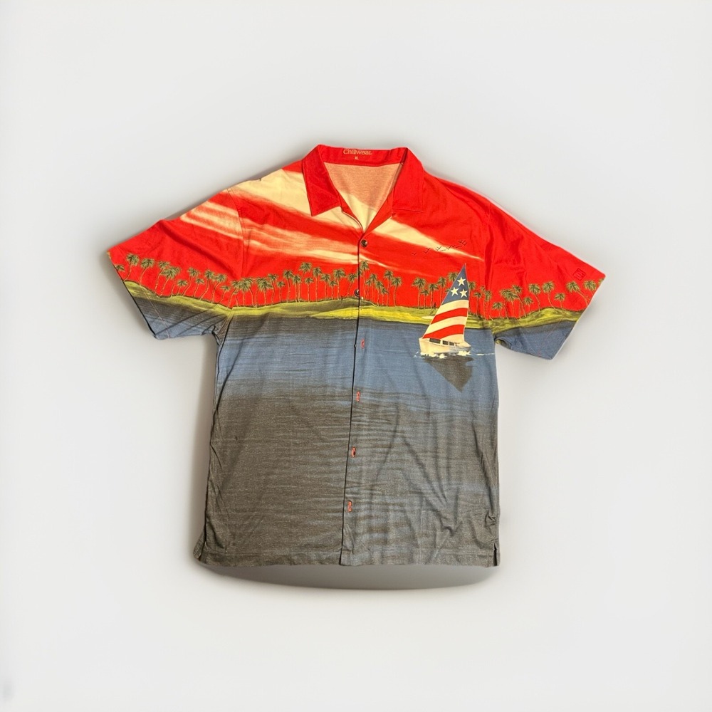 VTG CHILIWEAR Men Sailboat USA Button Front Short Sleeve Hawaiian Shirt XL - Picture 1 of 5